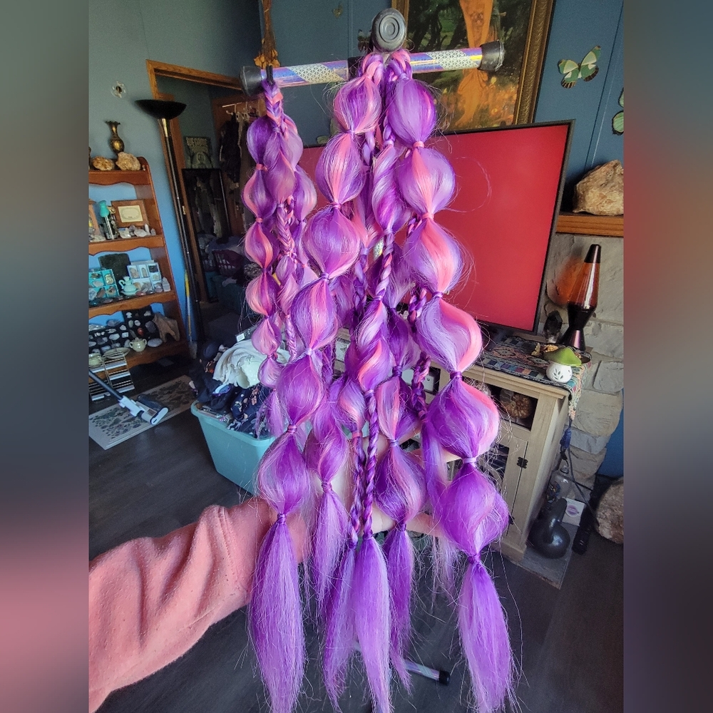 Full Vibrant Purple And Pink Rave Bubble Ponytail Braids Set Of 2 - Picture 4 of 9
